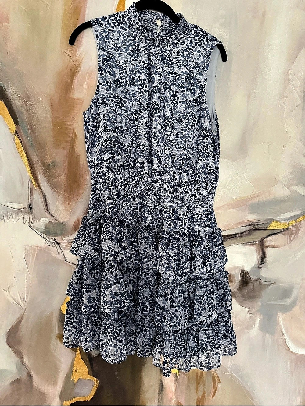 1.STATE Floral Smocked Mock Neck Sleeveless Ruffle Tiered Mini Dress Tiered Mini